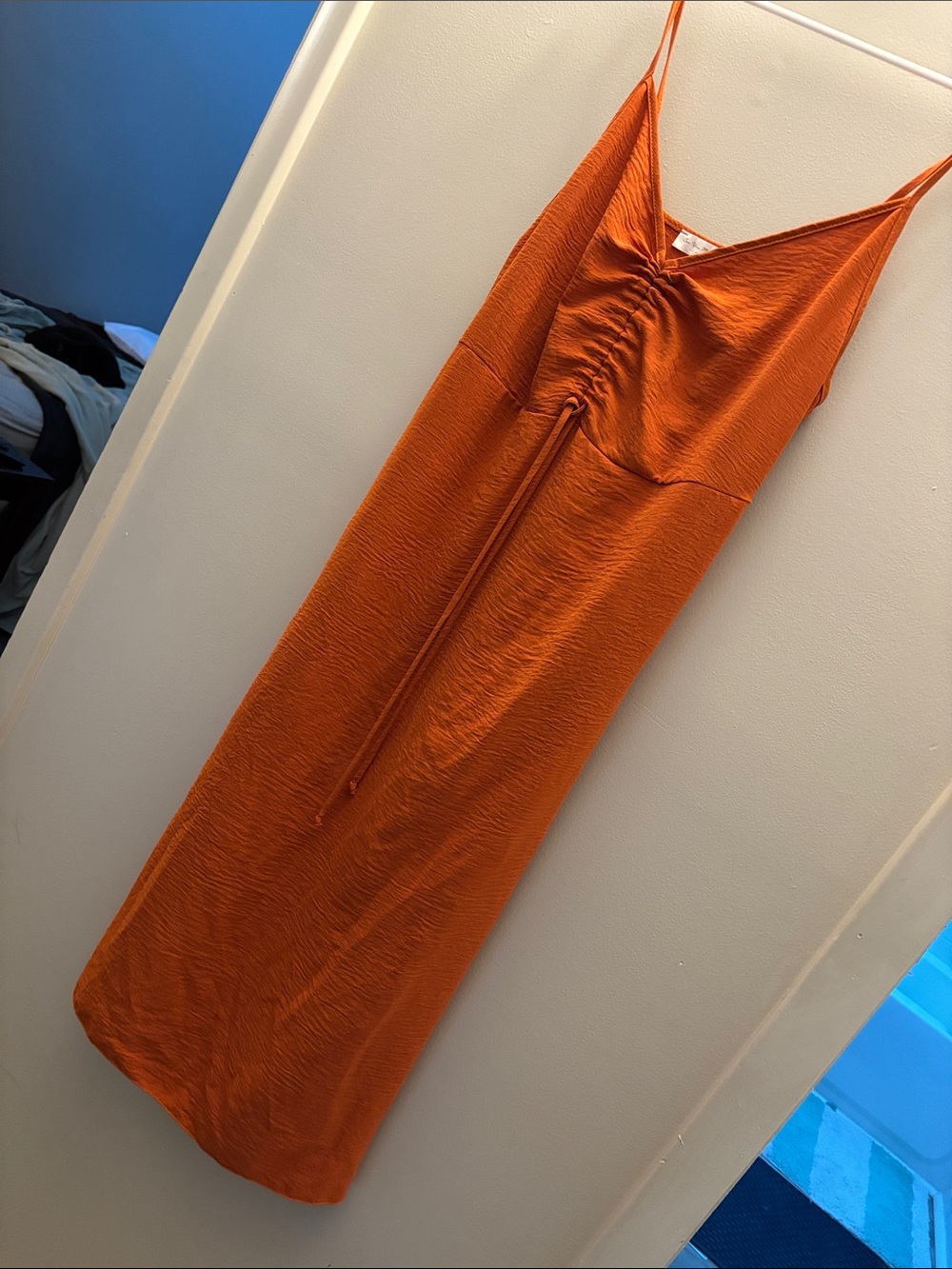 See You Monday Dress in Orange with Adjustable Ruched Front